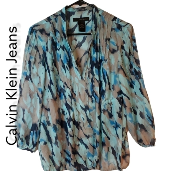 CALVIN Klein Sheer Blouse Pullover Pintuck V Neck 3/4 Sleeve Top Sz S - Picture 2 of 10